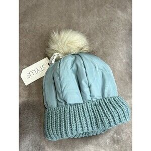 Womens One Size Beanie with Faux Fur Pom Blue Ski Hat Cap Winter Warm